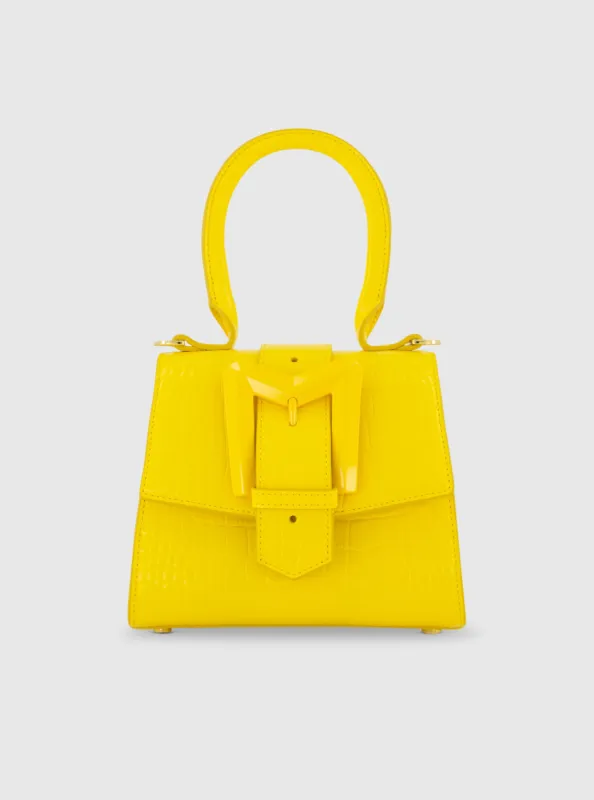 Yellow Buckled Mini Croco Leather Handbag with Detachable Strap sold by Mac Duggal