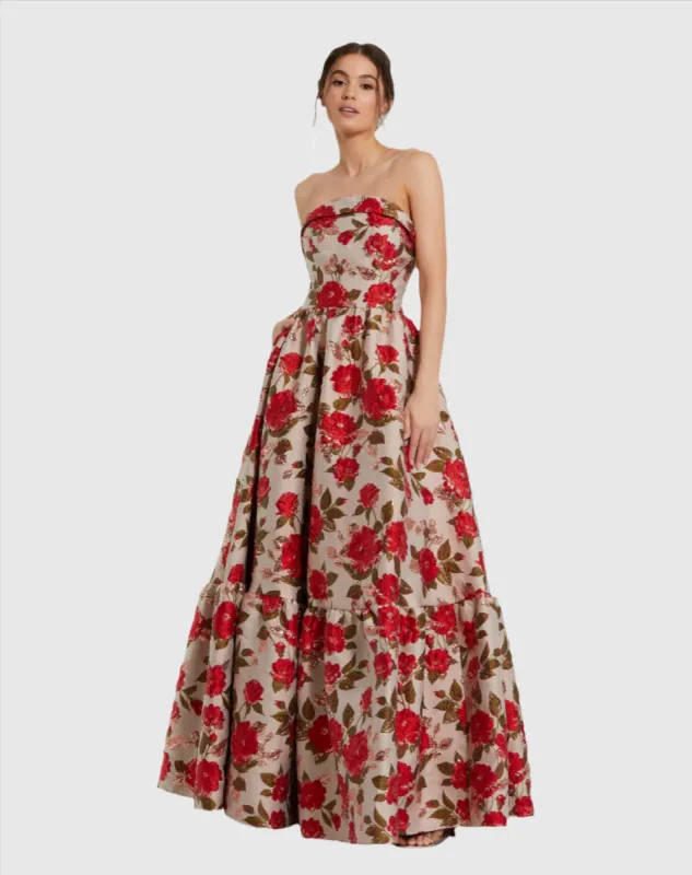 Multicolor Brocade Strapless Floral Gown With Ruffle Hem sold by Mac Duggal