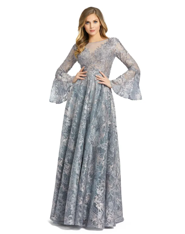 Gray Embellished Illusion Bell Sleeve A Line Gown sold by Mac Duggal