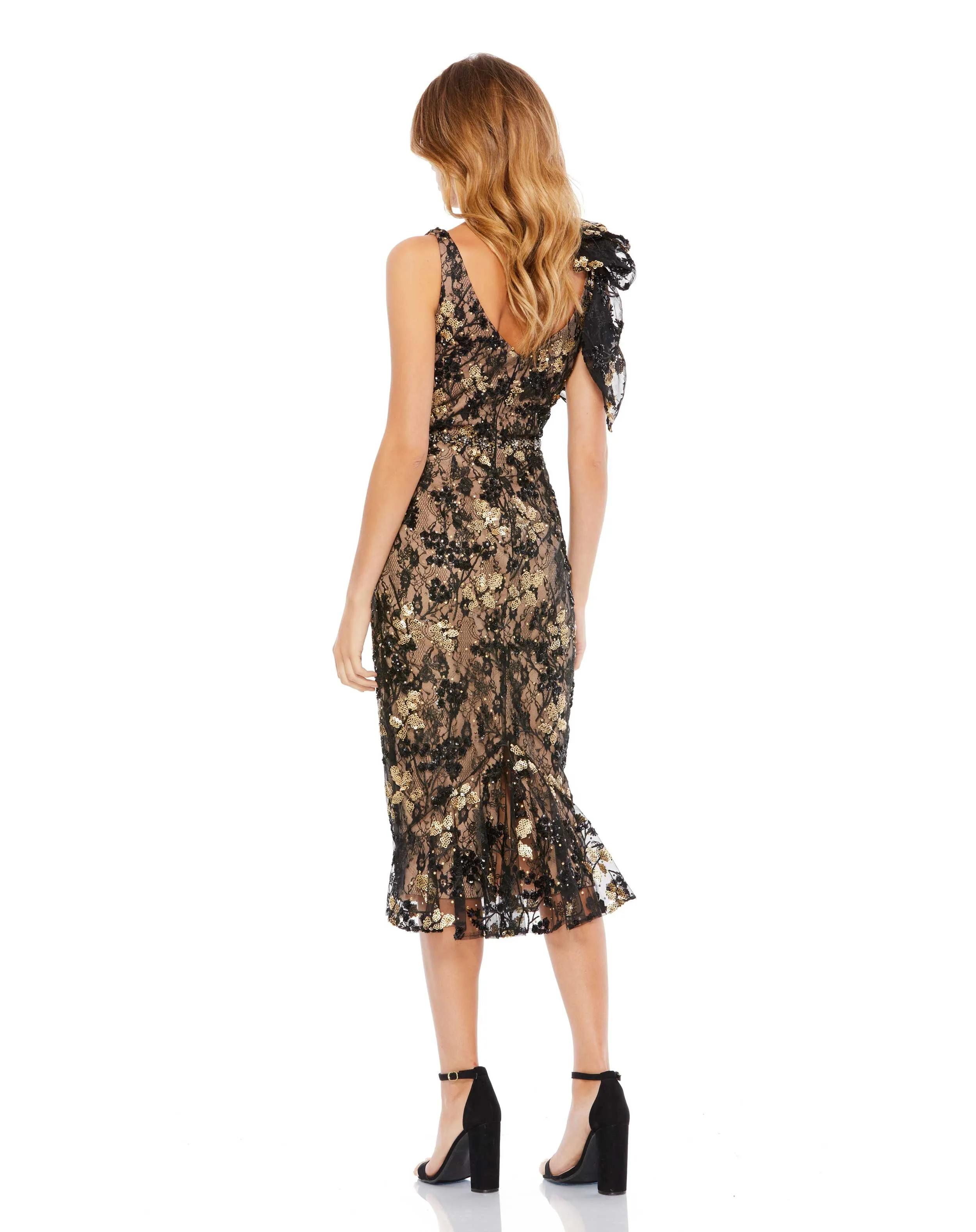 Black Floral Embellished V-neck Midi Dress with Shoulder Bow sold by Mac Duggal product image thumbnail 3