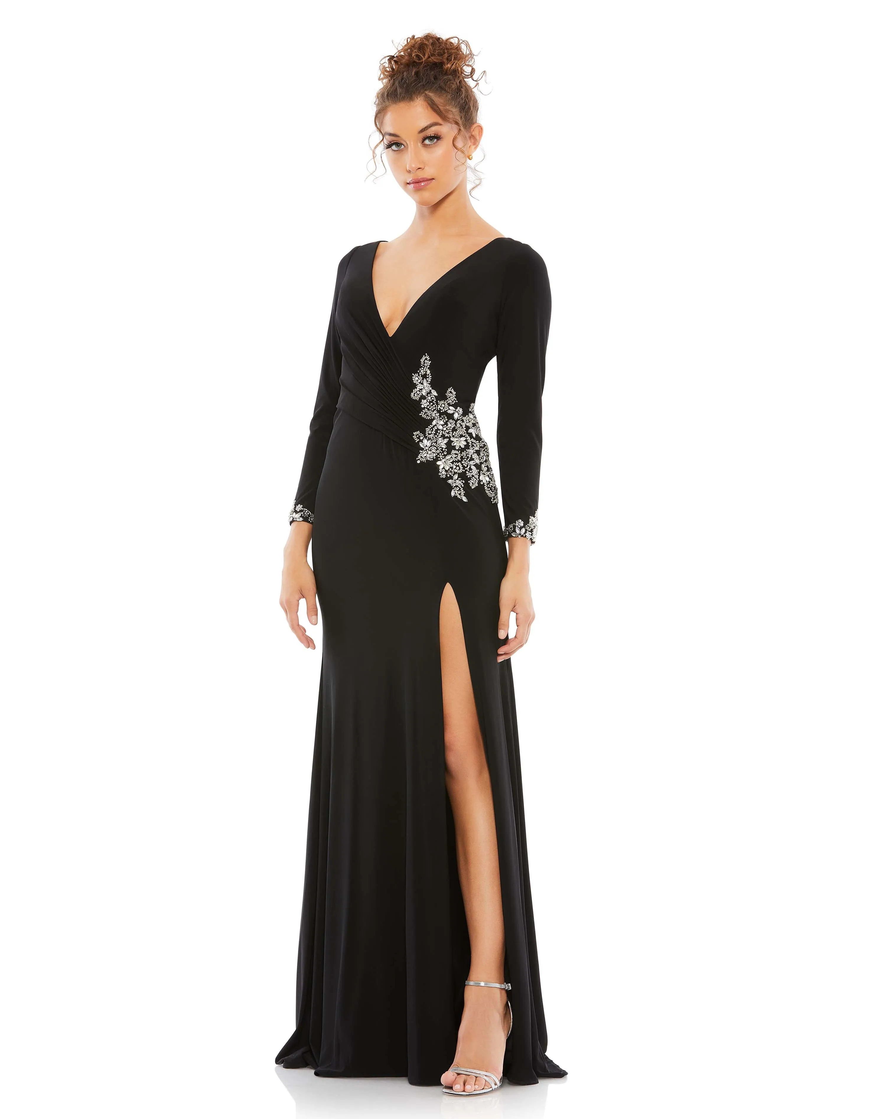Black Floral Embellished Faux Wrap Jersey Gown sold by Mac Duggal