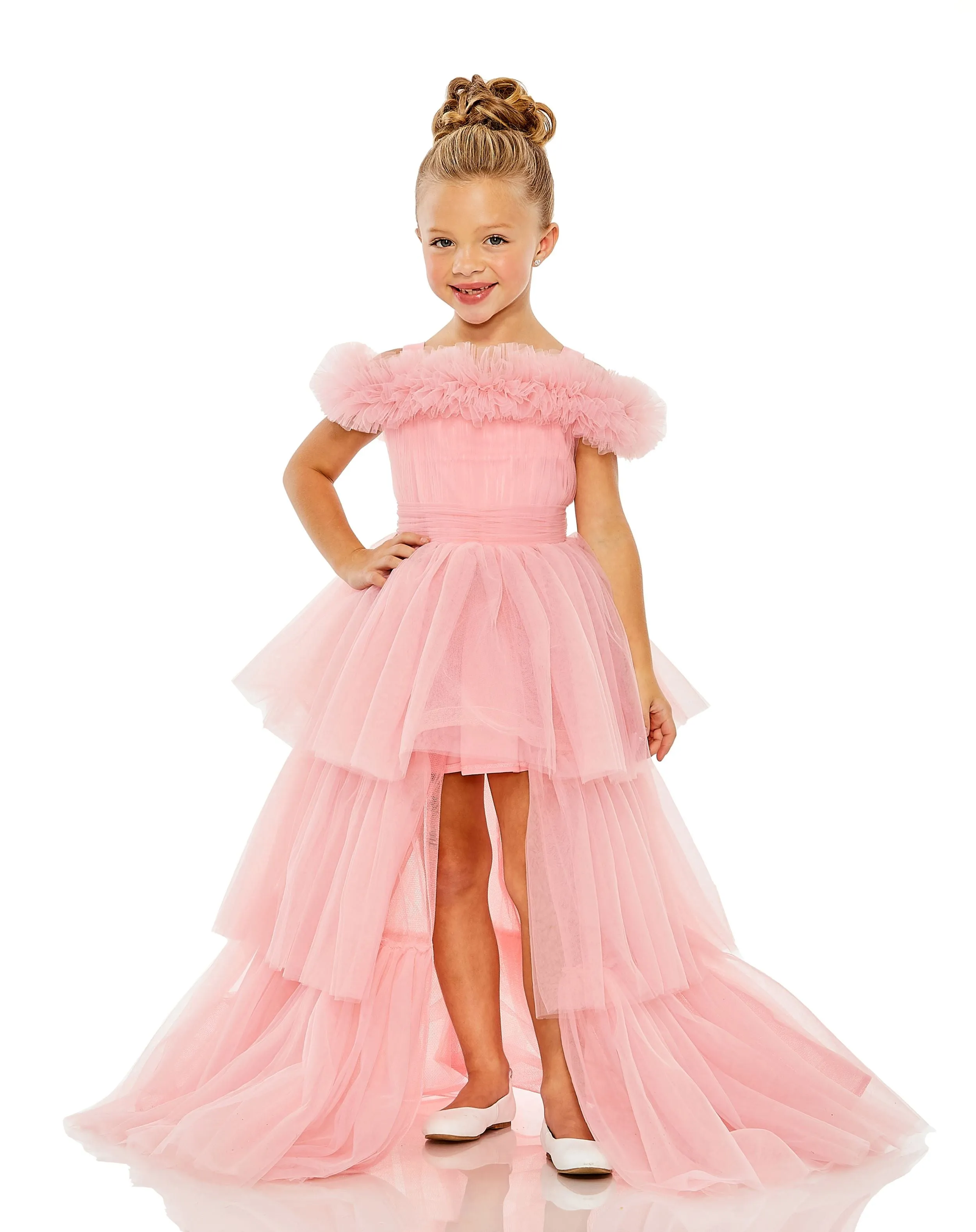 Pink Girls Off the Shoulder High Low Tulle Dress sold by Mac Duggal
