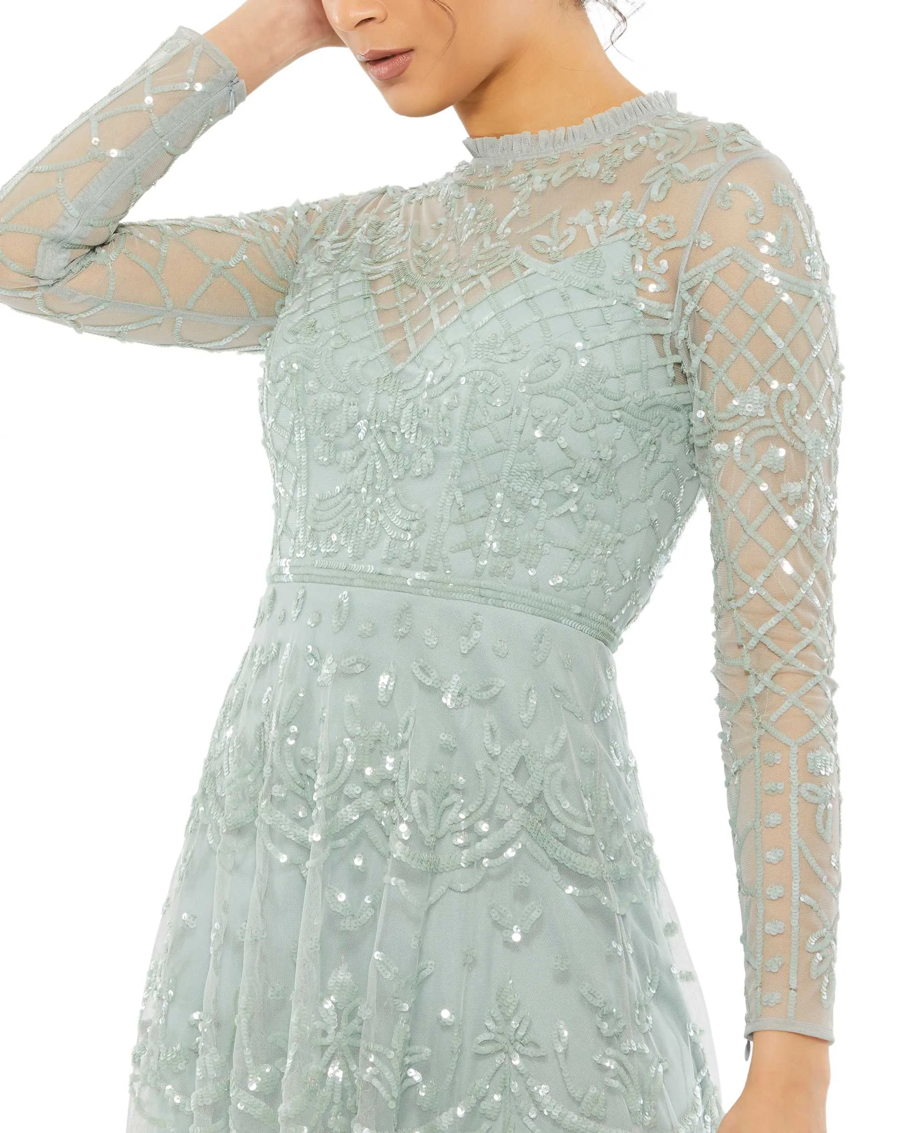 Blue Sequined Illusion High Neck Long Sleeve Midi Dress sold by Mac Duggal product image thumbnail 2