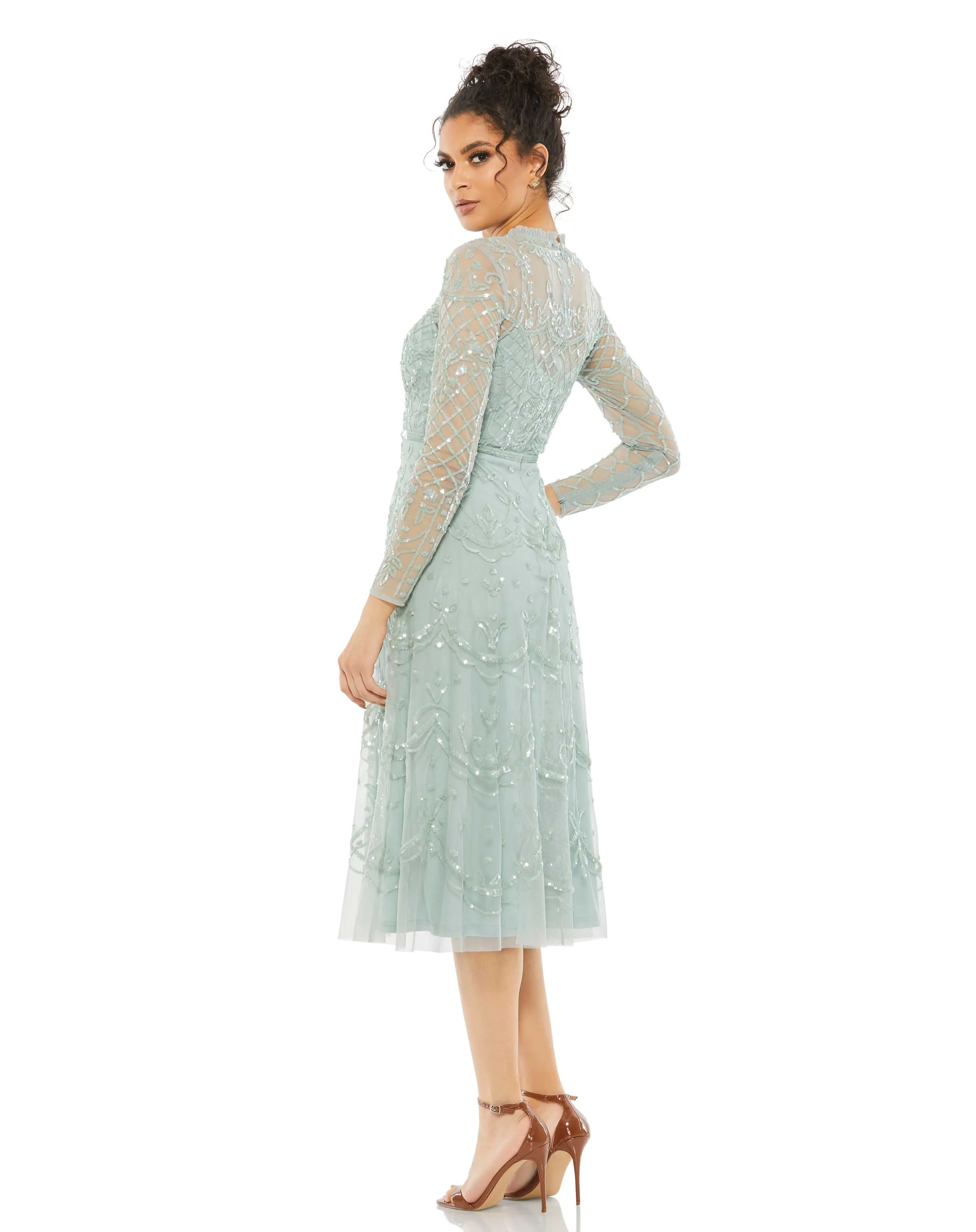 Blue Sequined Illusion High Neck Long Sleeve Midi Dress sold by Mac Duggal product image thumbnail 3