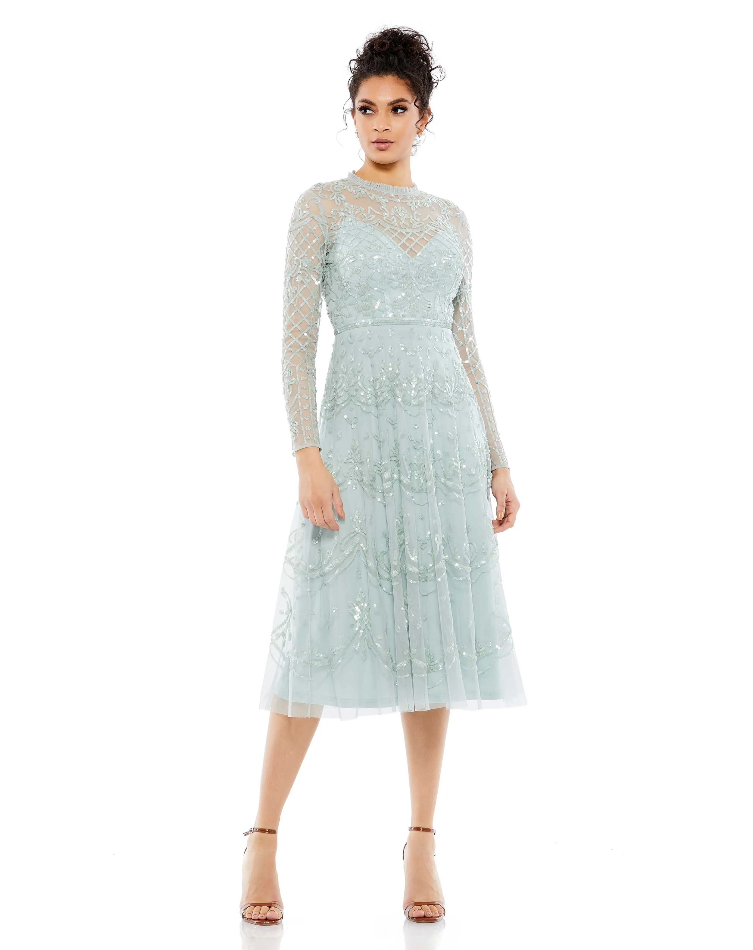 Blue Sequined Illusion High Neck Long Sleeve Midi Dress sold by Mac Duggal