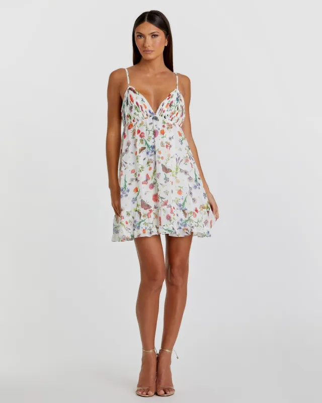 White Butterfly Print Ruffle Hem Mini Dress sold by Mac Duggal