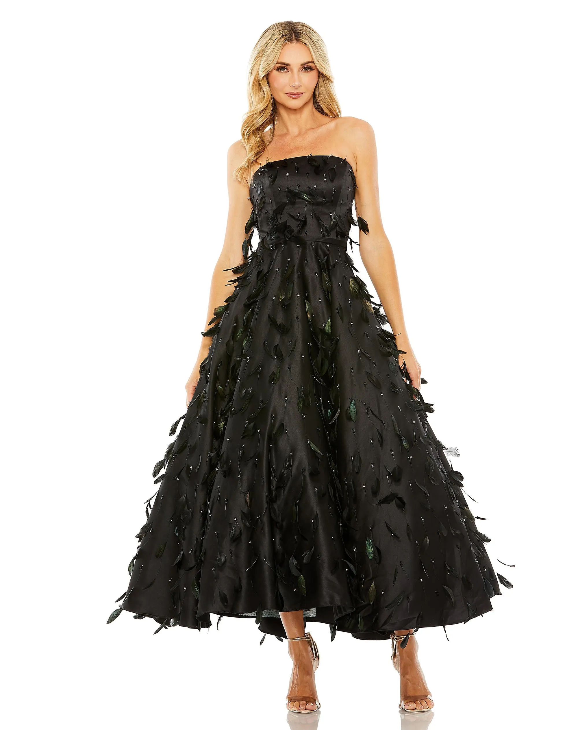 Black Strapless Feather Embellished Satin A-Line Dress sold by Mac Duggal