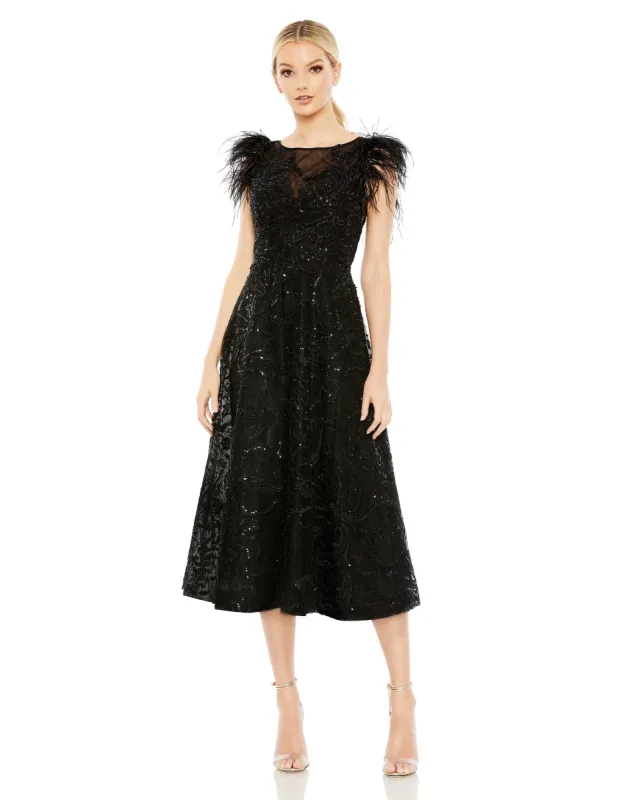 Black Feather Shoulder Embellished Dress sold by Mac Duggal