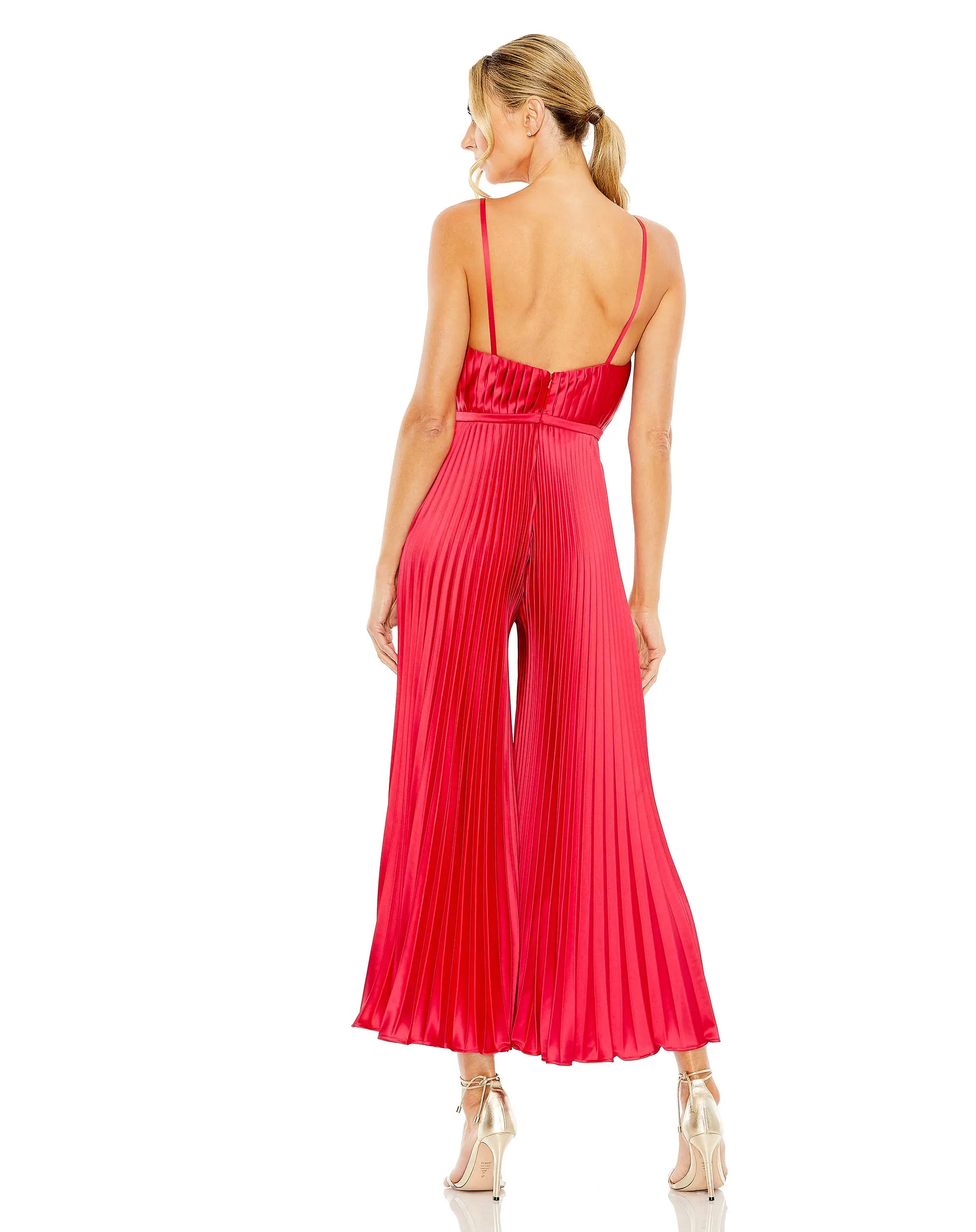 Red Cropped Pleated V-Neck Wide Leg Jumpsuit sold by Mac Duggal product image thumbnail 3