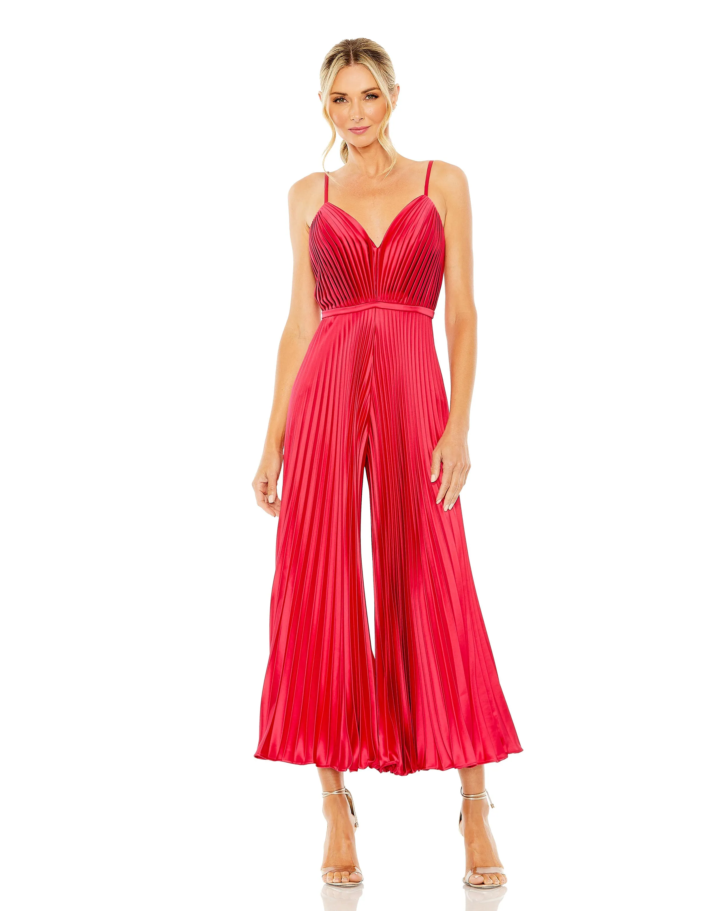 Red Cropped Pleated V-Neck Wide Leg Jumpsuit sold by Mac Duggal