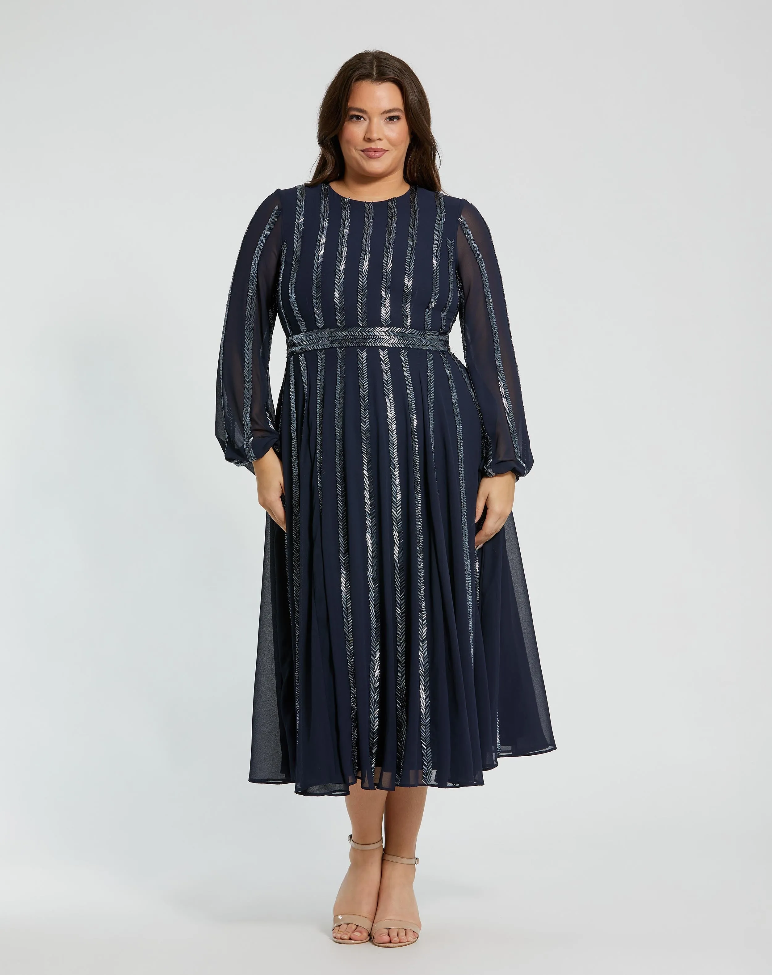 Navy Long Sheer Sleeve Sequin Dress (Plus) sold by Mac Duggal