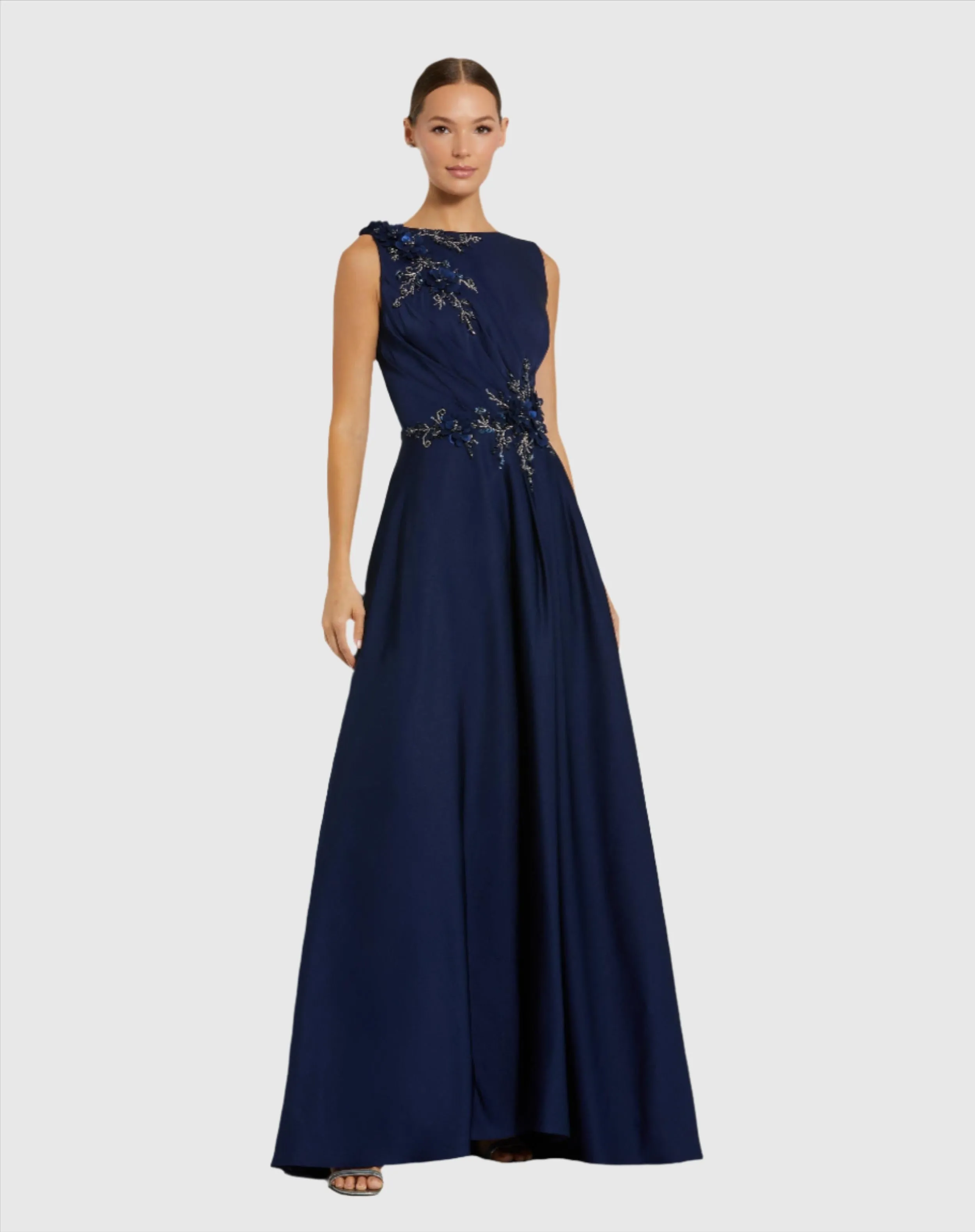 Navy Floral Applique Sleeveless A Line Gown sold by Mac Duggal
