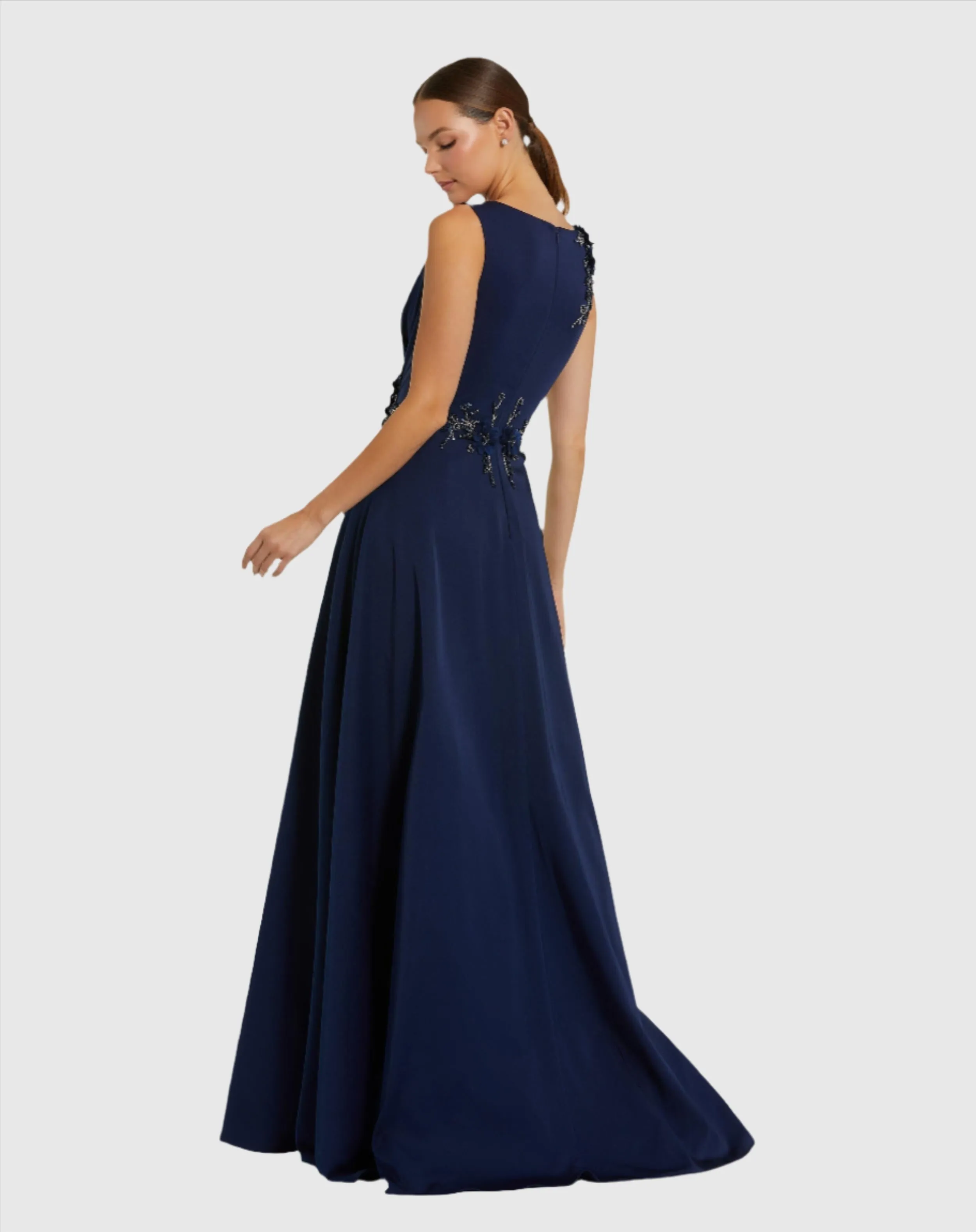 Navy Floral Applique Sleeveless A Line Gown sold by Mac Duggal product image thumbnail 3