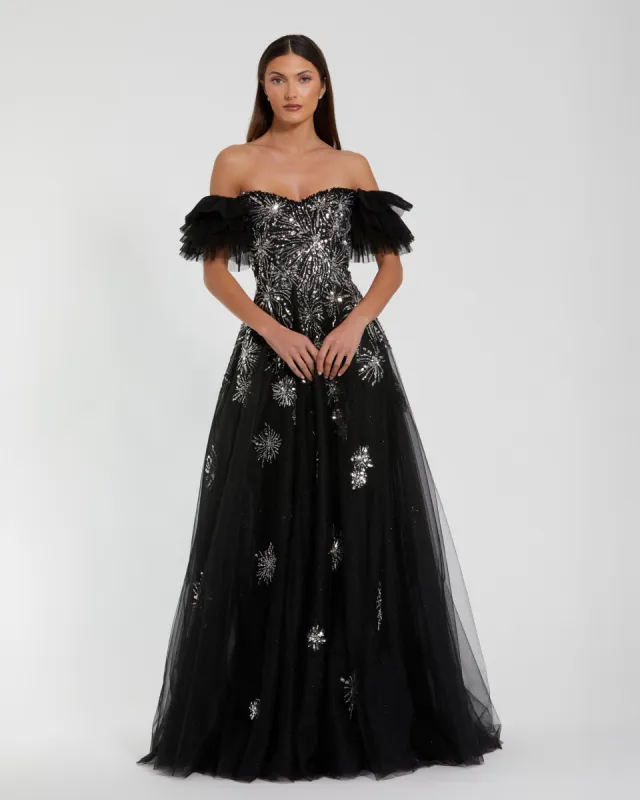 Black Tulle Off The Shoulder Gown With Sequin Details sold by Mac Duggal