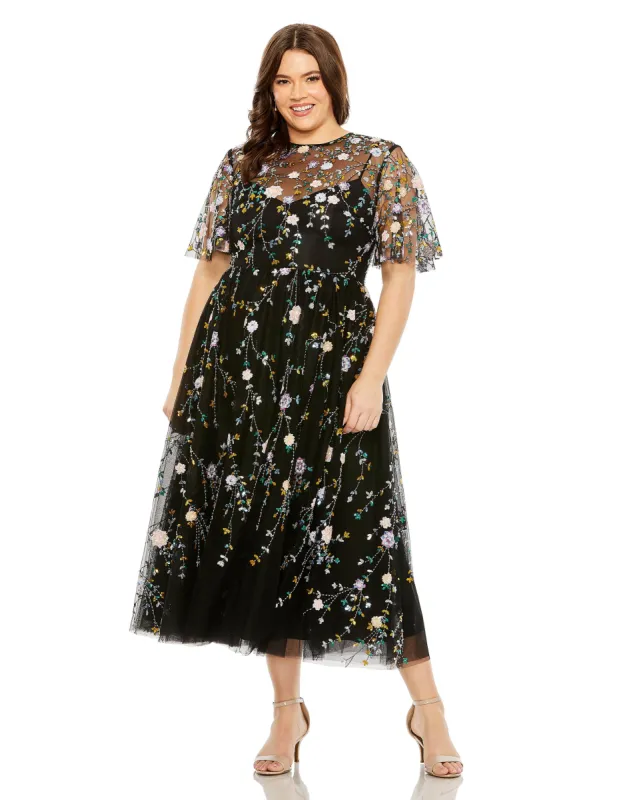 Black Floral Embroidered A-Line Midi Dress (Plus) sold by Mac Duggal