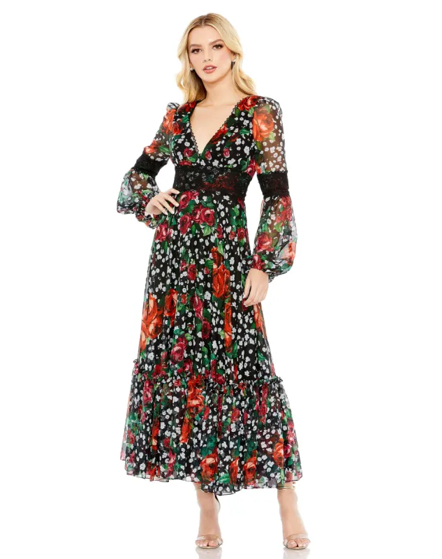 Black V Neck Floral Long Puff Sleeve Ruffle Dress - FINAL SALE sold by Mac Duggal