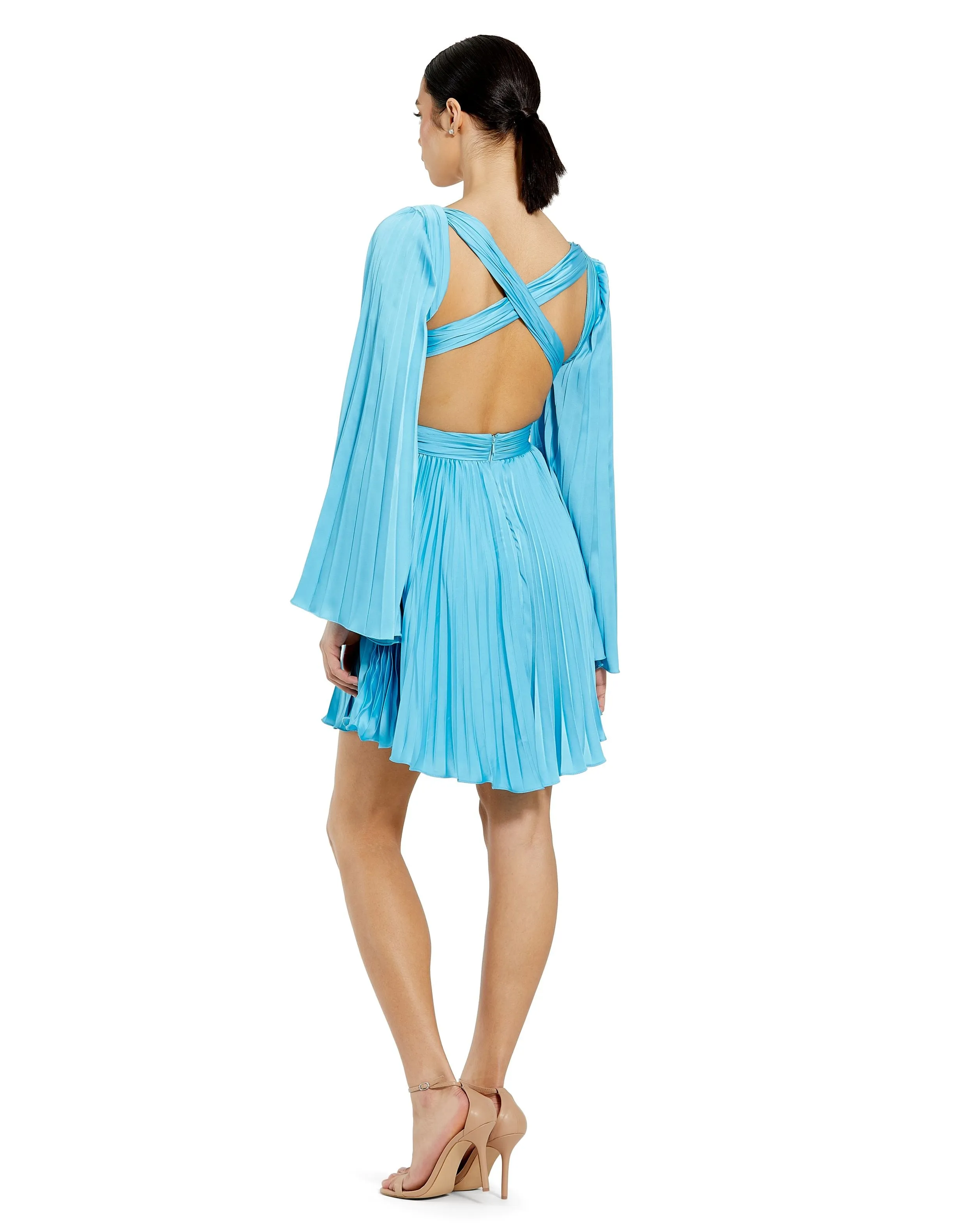 Blue Pleated V-Neck Cutout Long Sleeve Mini Dress - FINAL SALE sold by Mac Duggal product image thumbnail 3