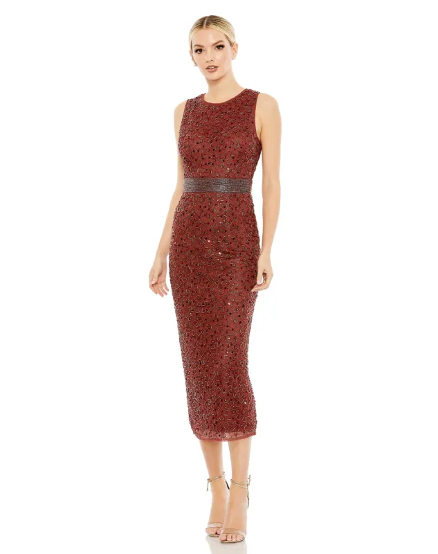 Red Geometric Embellished Sleeveless Sheath Dress sold by Mac Duggal