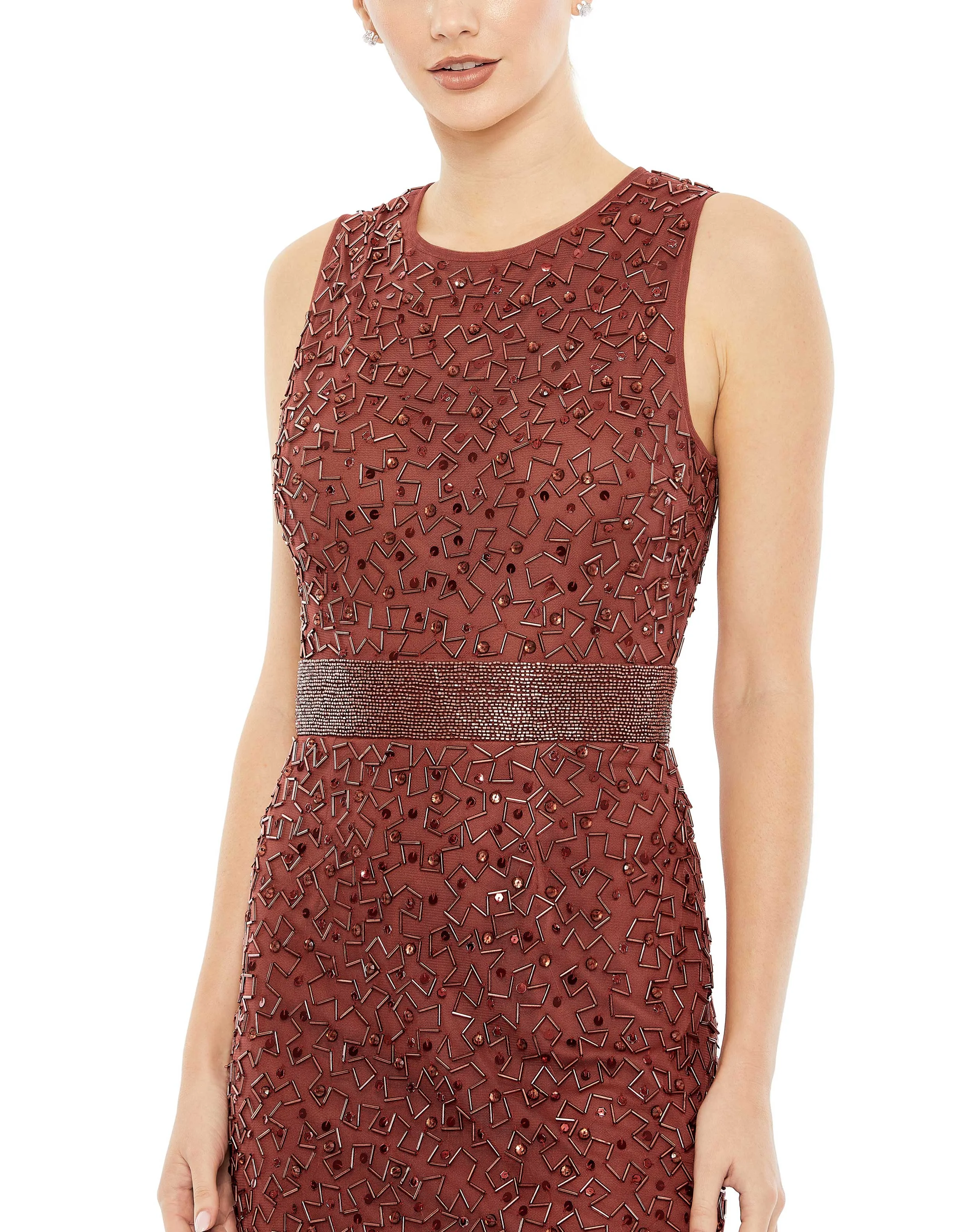 Red Geometric Embellished Sleeveless Sheath Dress sold by Mac Duggal product image thumbnail 2