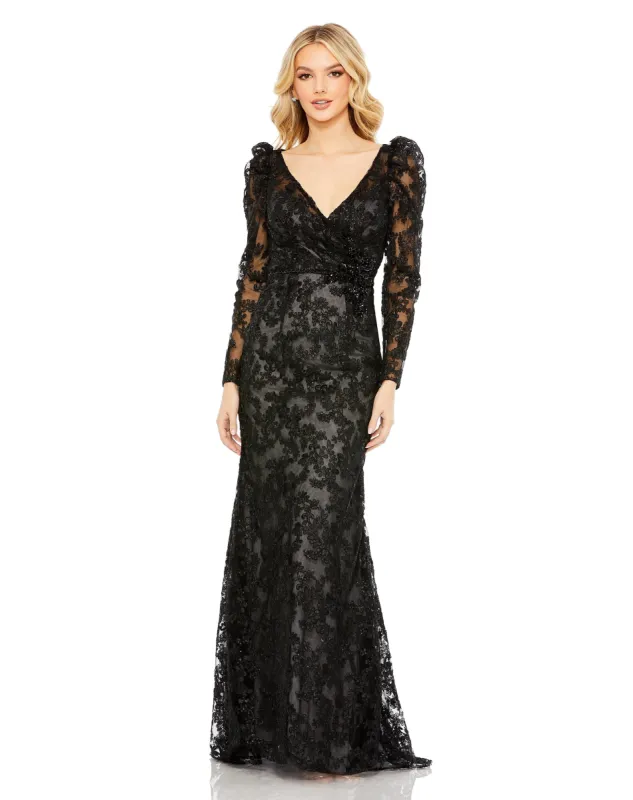 Black Embroidered Lace Puff Sleeve Wrap Over Gown sold by Mac Duggal