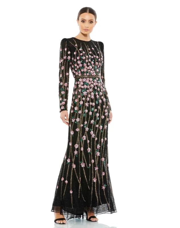 Black Embellished High Neck Long Sleeve Gown sold by Mac Duggal