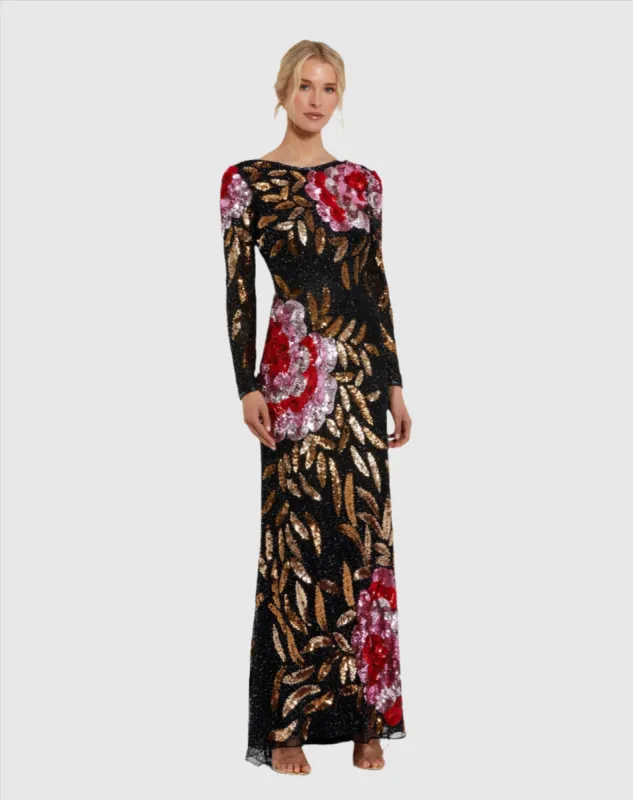 Black Embellished Floral Long Sleeve Gown sold by Mac Duggal
