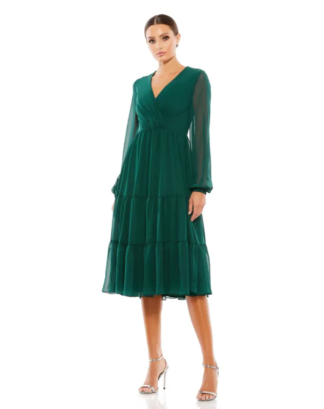 Green Ruched V-Neck Tiered Midi Dress sold by Mac Duggal