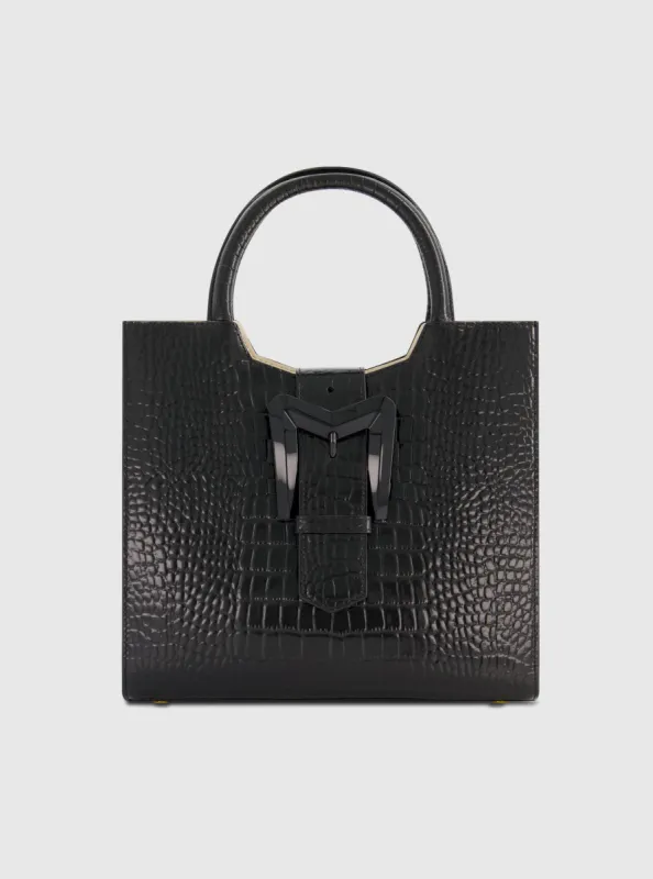 Black Buckled Medium Croco Leather Tote Bag with Detachable Strap sold by Mac Duggal