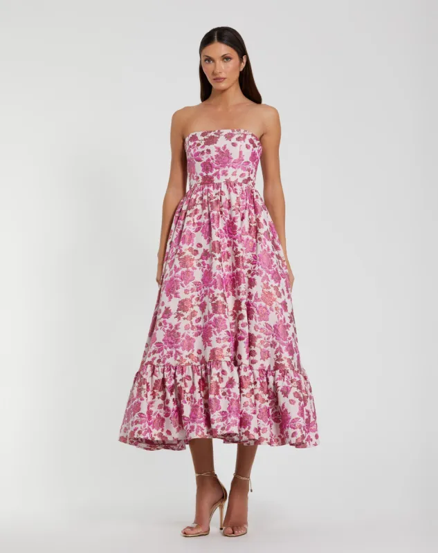 Pink Floral Brocade Strapless A Line Midi Dress sold by Mac Duggal