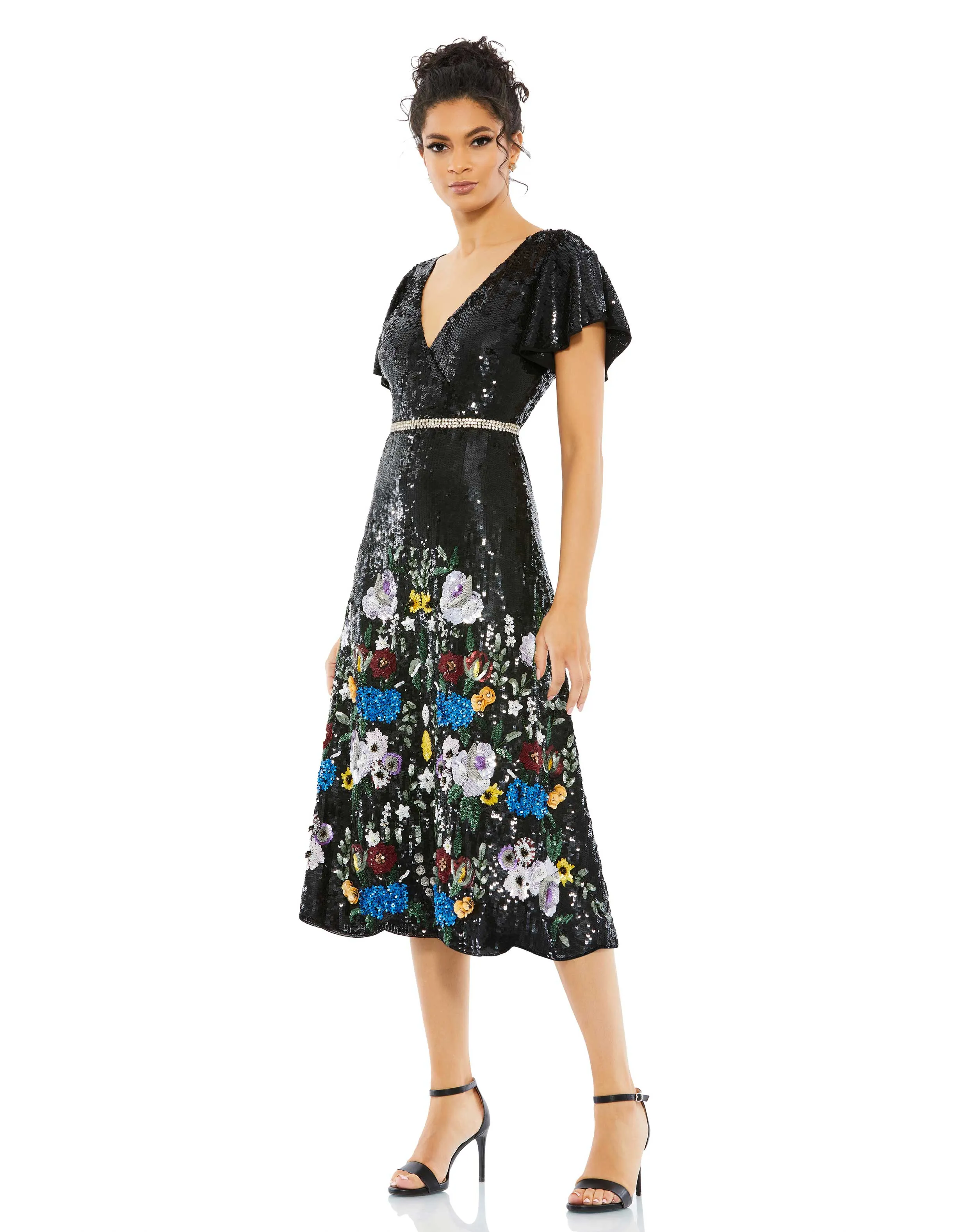 Black Floral Sequin Flutter Sleeve Aline Wrap Dress - FINAL SALE sold by Mac Duggal