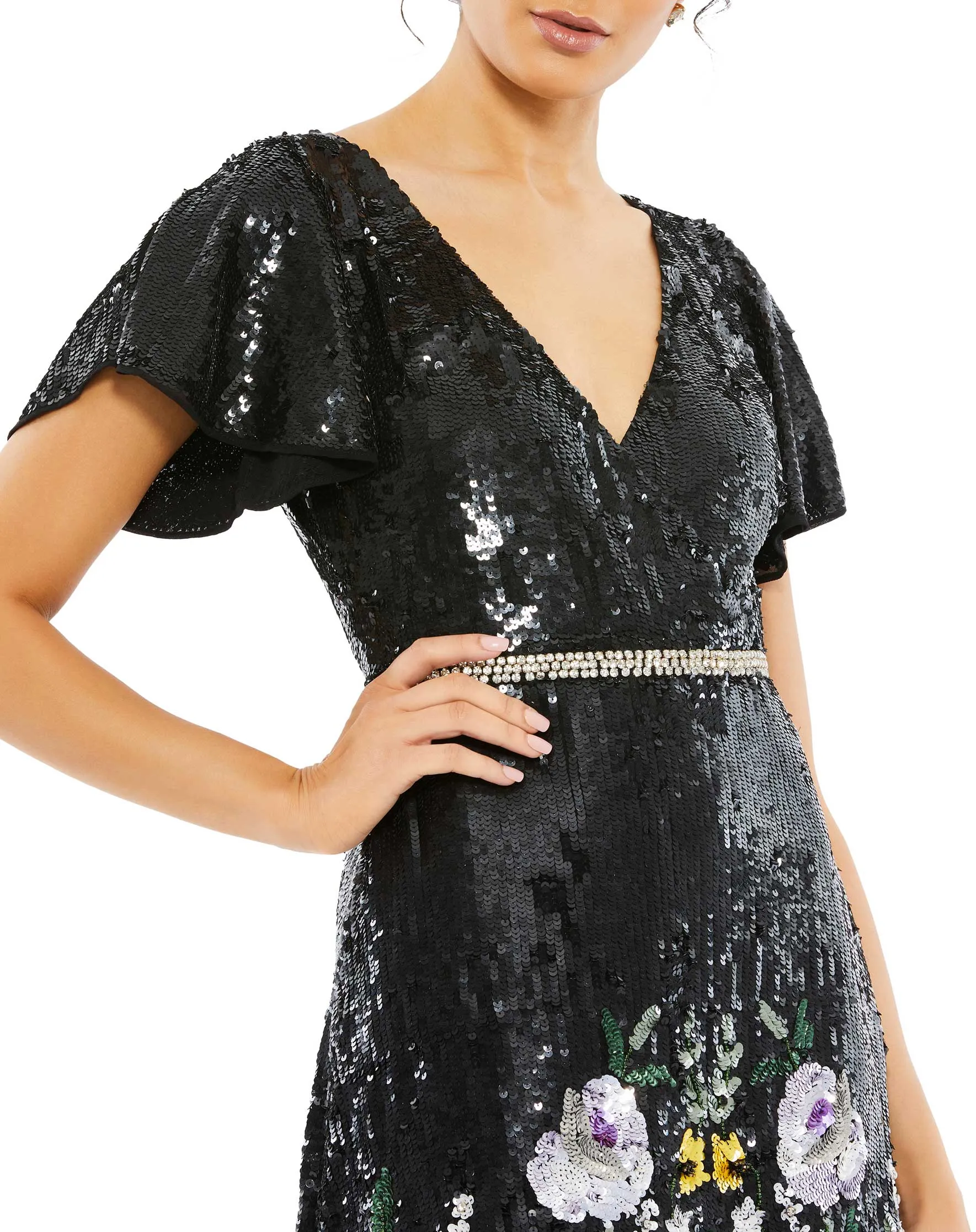 Black Floral Sequin Flutter Sleeve Aline Wrap Dress - FINAL SALE sold by Mac Duggal product image thumbnail 2
