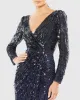 Navy Sequined Faux Wrap Long Sleeve Gown sold by Mac Duggal