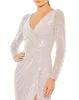 Navy Sequined Faux Wrap Long Sleeve Gown sold by Mac Duggal