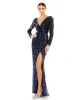 Navy Sequined Faux Wrap Long Sleeve Gown sold by Mac Duggal