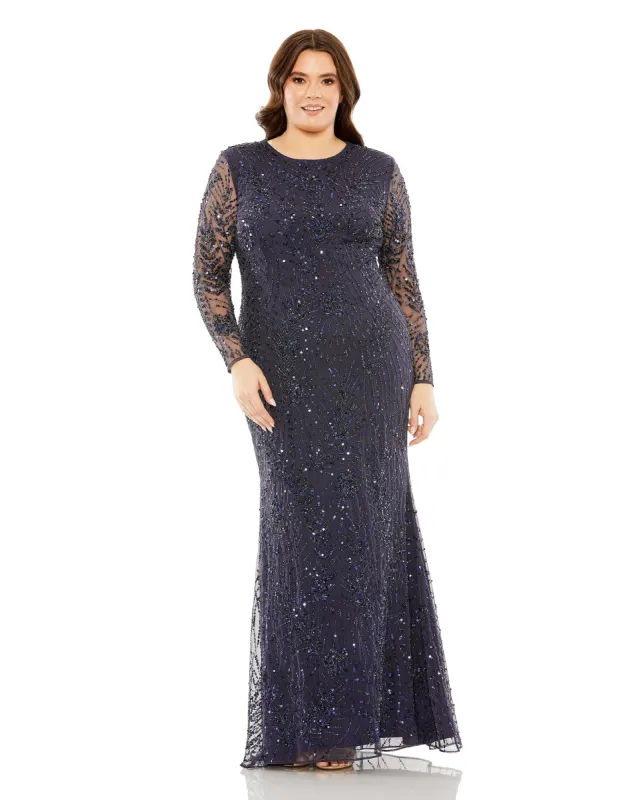 Navy Long Sleeve Mesh Embellished Gown sold by Mac Duggal