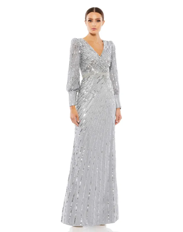 Silver Sequined Wrap Over Bishop Sleeve Gown sold by Mac Duggal