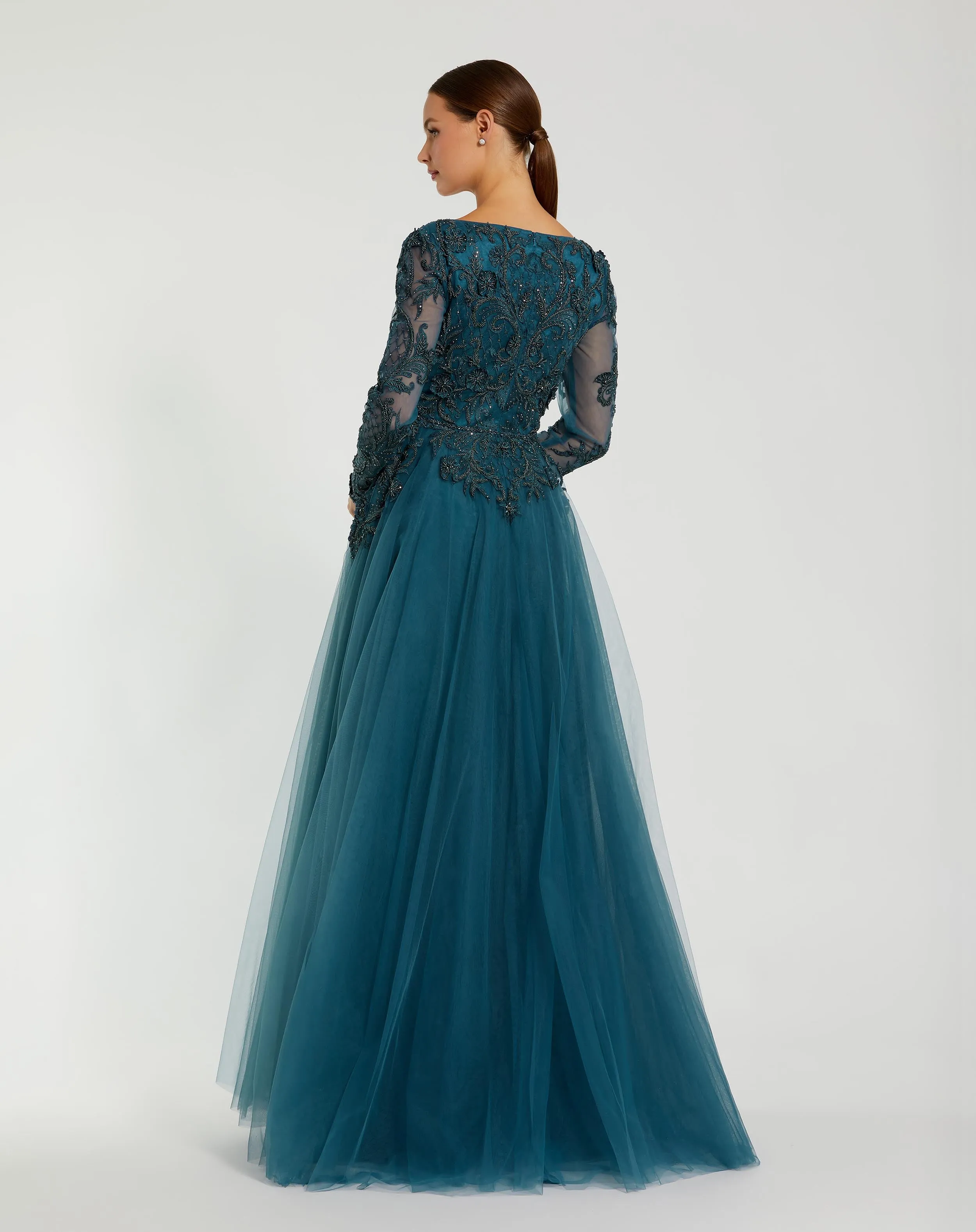 Teal Long Sleeve Embellished Tulle Gown sold by Mac Duggal product image thumbnail 3