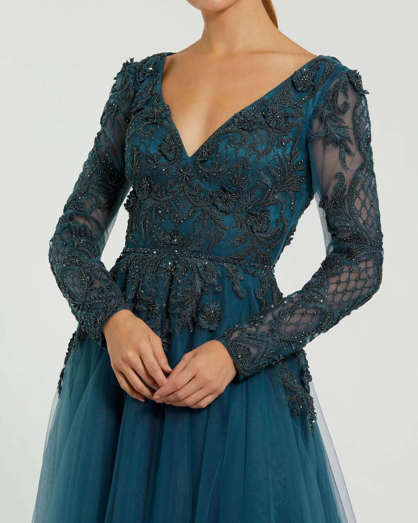 Teal Long Sleeve Embellished Tulle Gown sold by Mac Duggal product image thumbnail 2