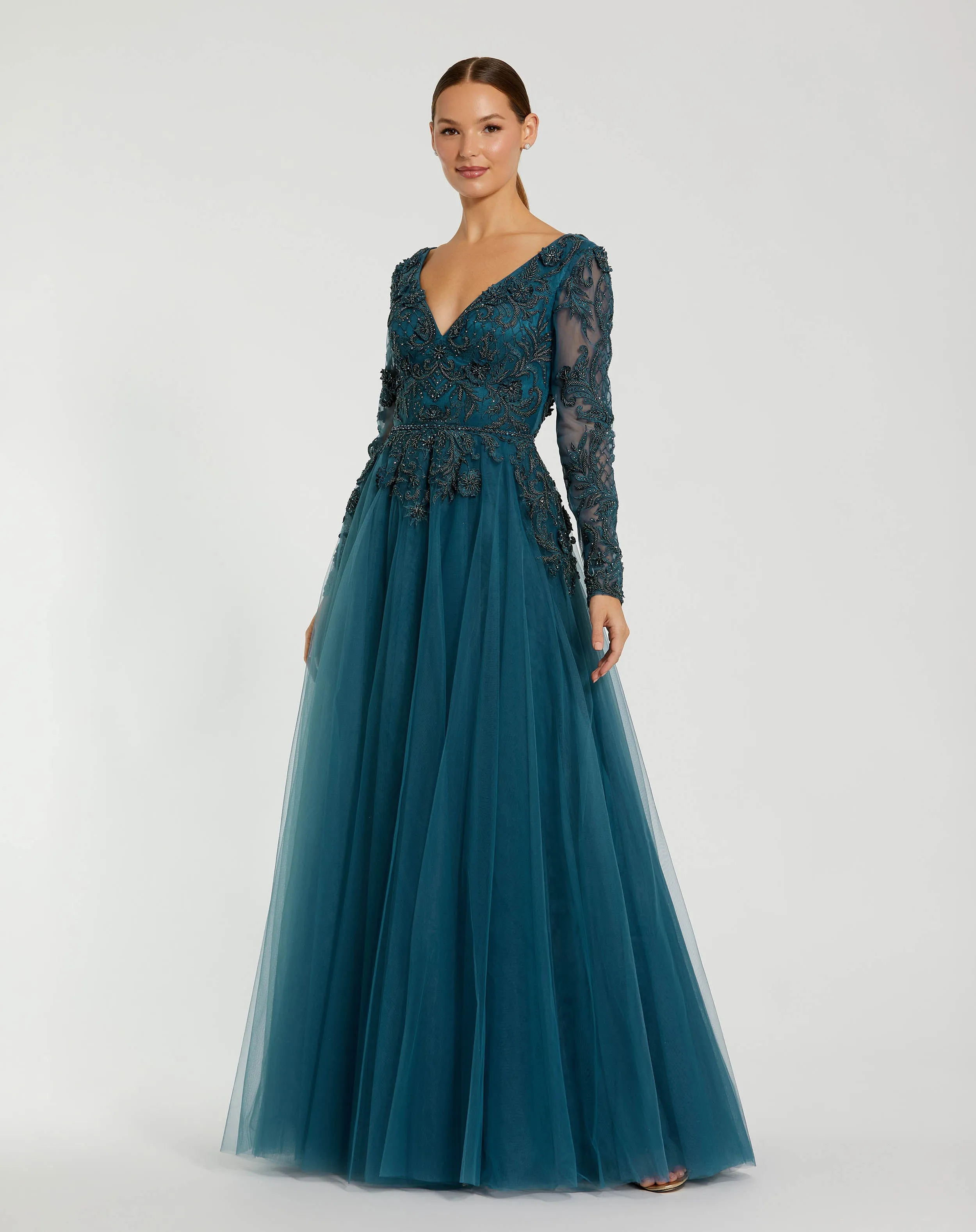 Teal Long Sleeve Embellished Tulle Gown sold by Mac Duggal