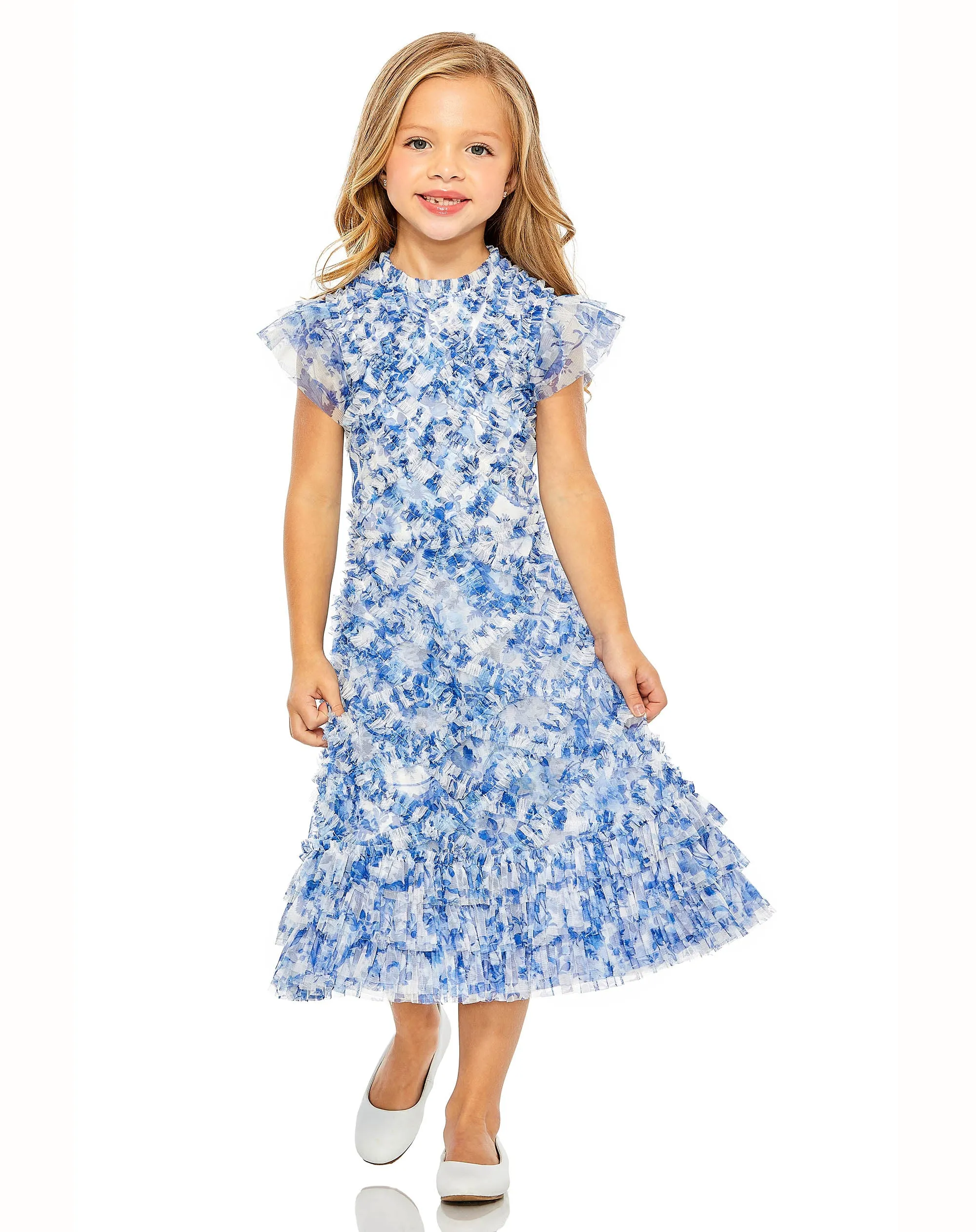 Blue Multicolor Girls High Neck Ruffle Tiered Mini Dress sold by Mac Duggal