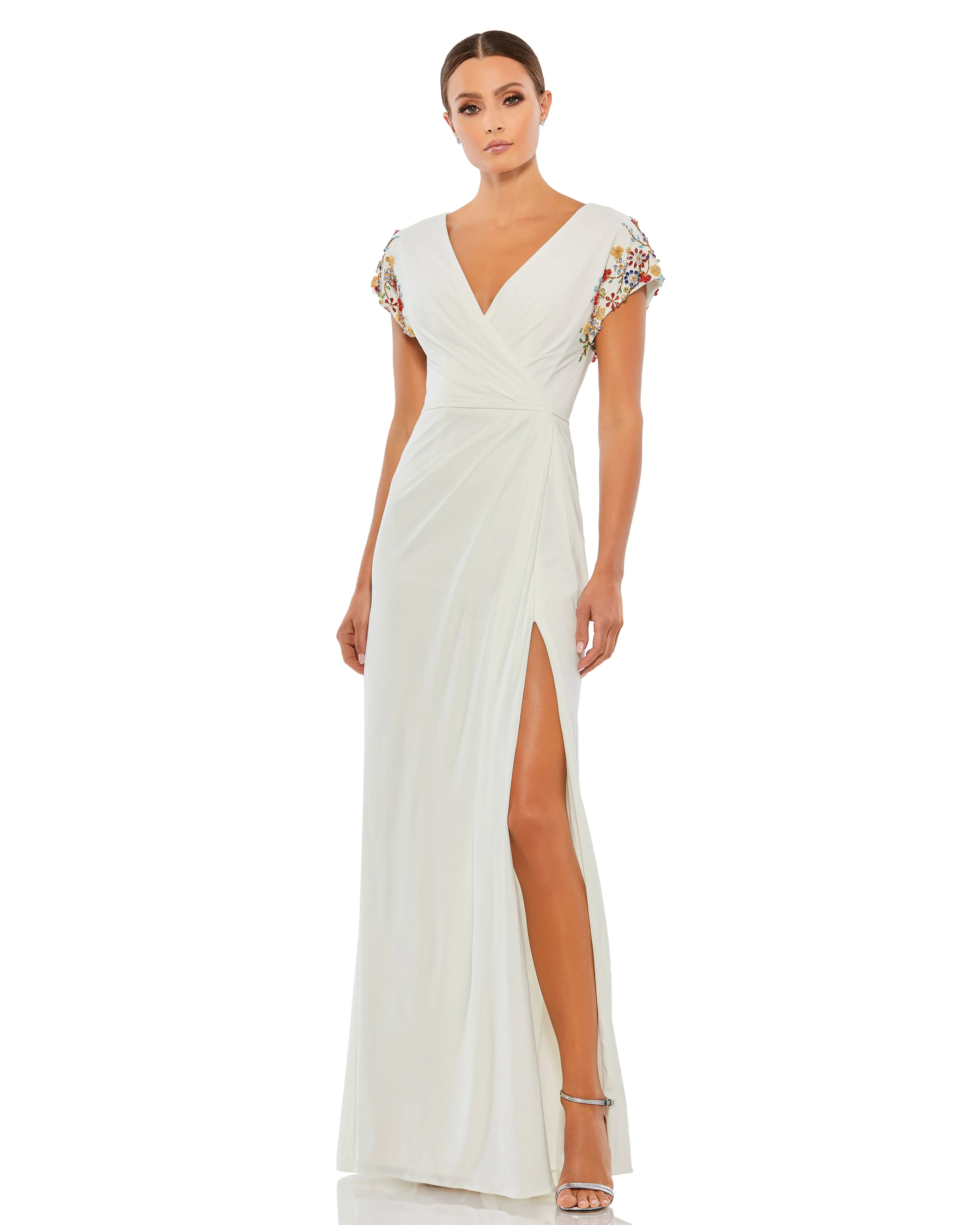 White Embellished Sleeve Jersey Wrap Gown sold by Mac Duggal
