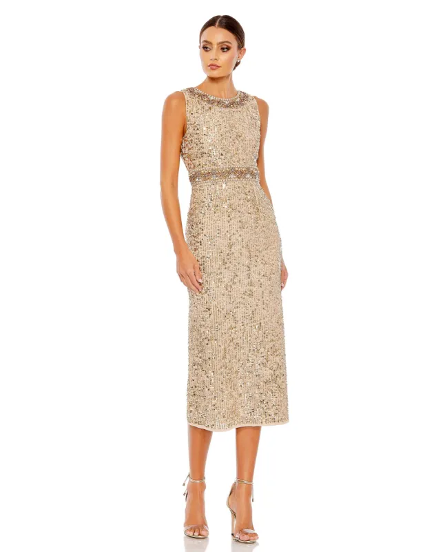 Gold Embellished Sleeveless High Neck Midi Dress sold by Mac Duggal