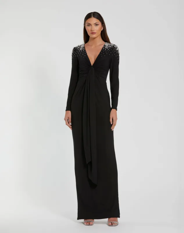 Black Jersey V Neck Faux Knot Gown With Beaded Shoulders sold by Mac Duggal