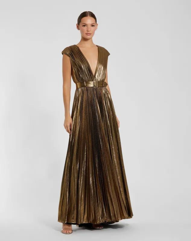 Gold Pleated Metallic Jersey Gown With Belt made by Mac Duggal