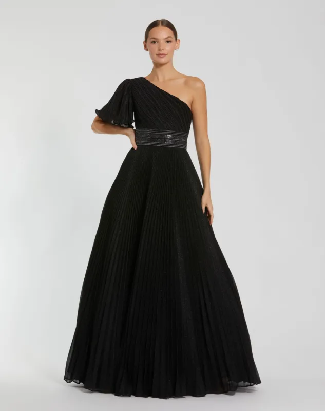 Black Pleated Shimmering One Shoulder Gown sold by Mac Duggal