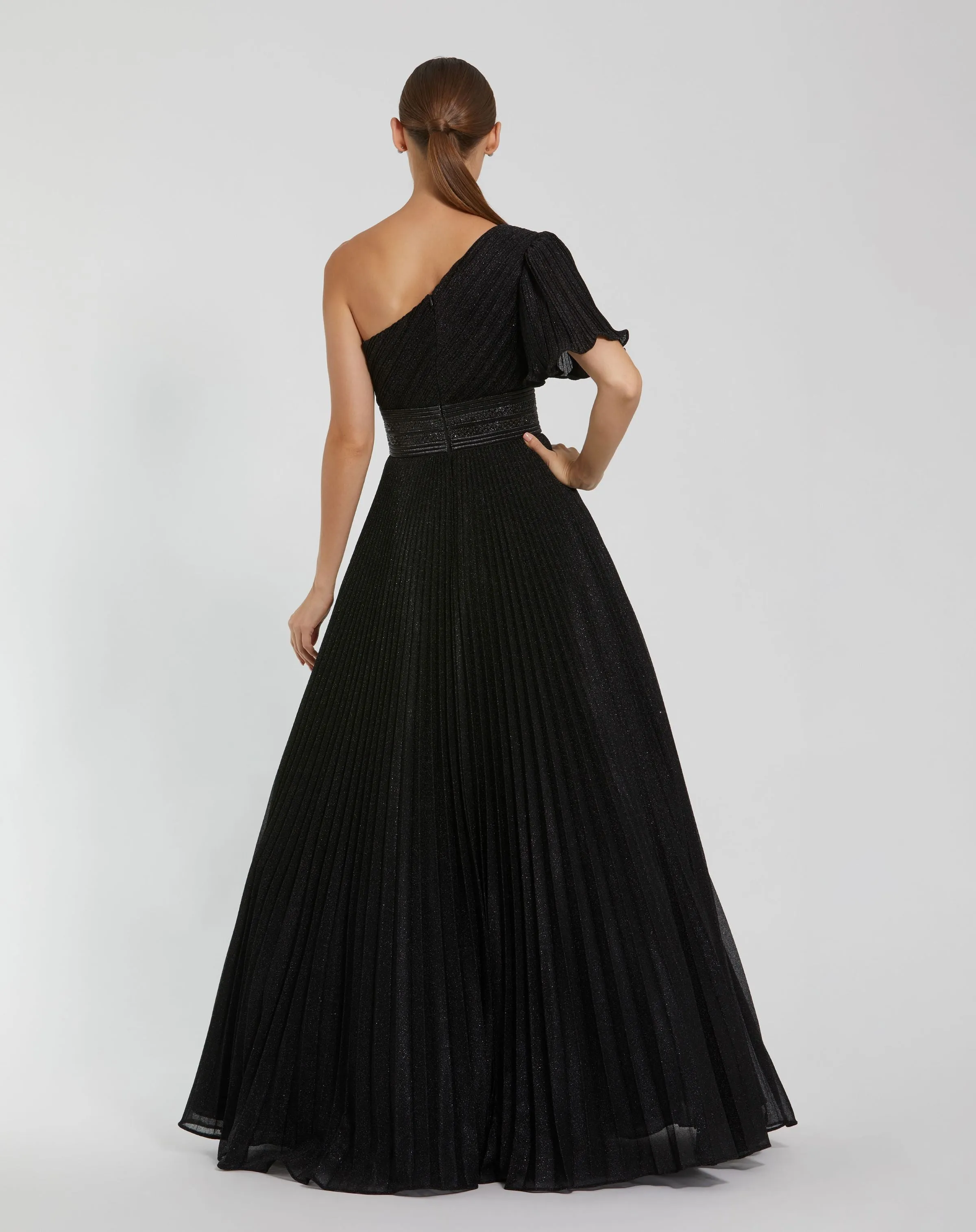 Black Pleated Shimmering One Shoulder Gown sold by Mac Duggal product image thumbnail 3