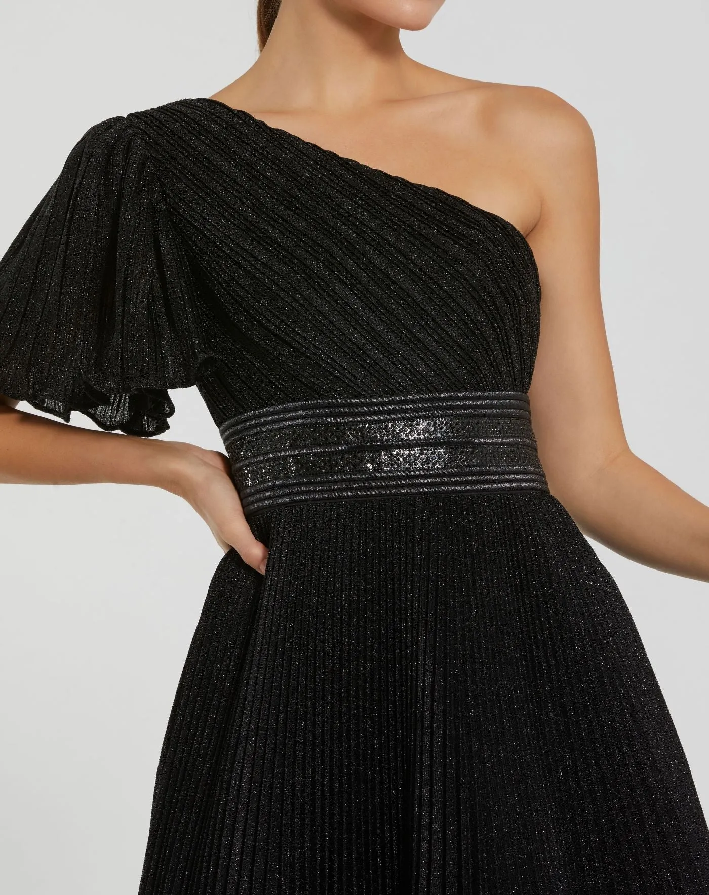 Black Pleated Shimmering One Shoulder Gown sold by Mac Duggal product image thumbnail 2