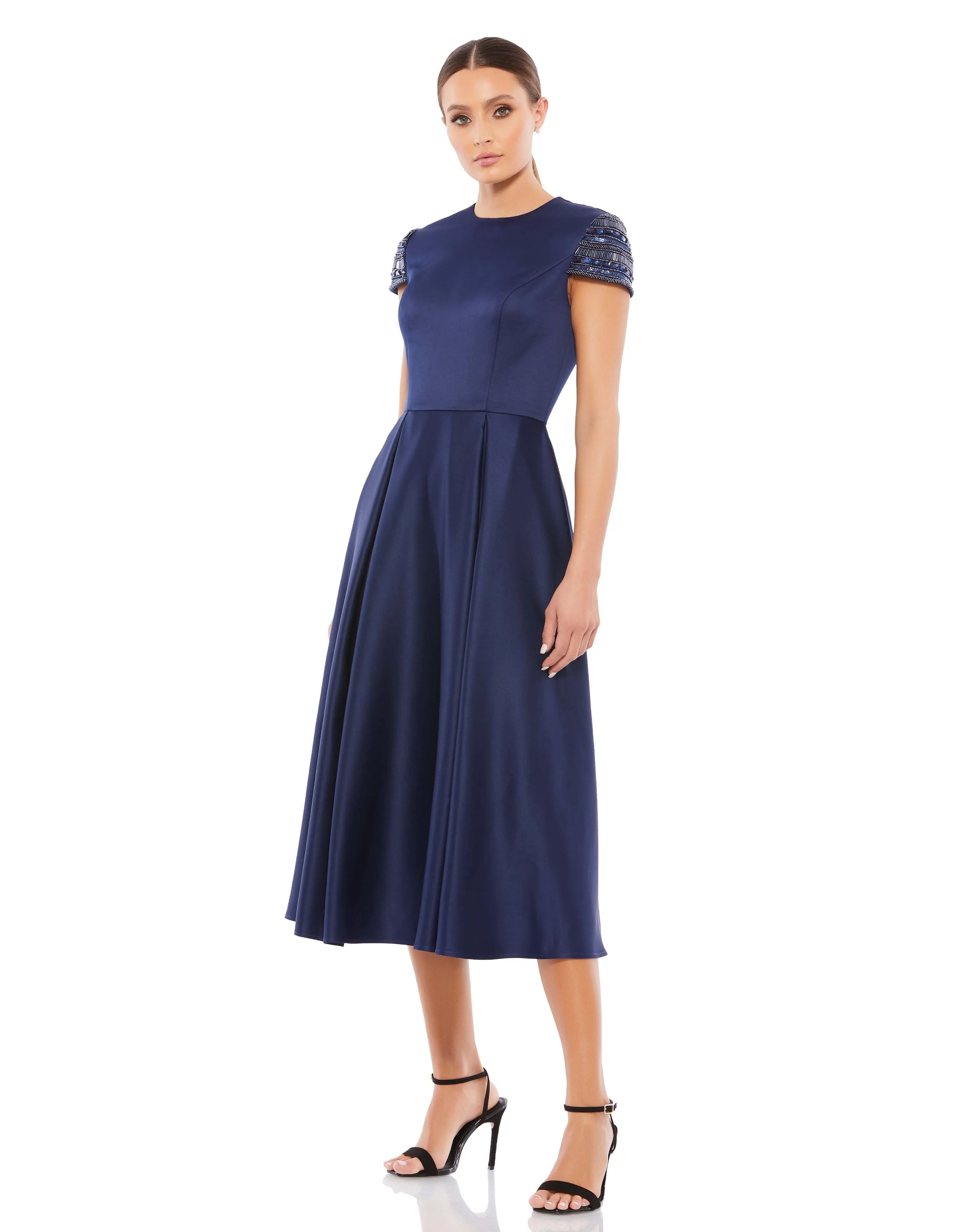Navy High Neck Cap Sleeve Tea Length Dress sold by Mac Duggal