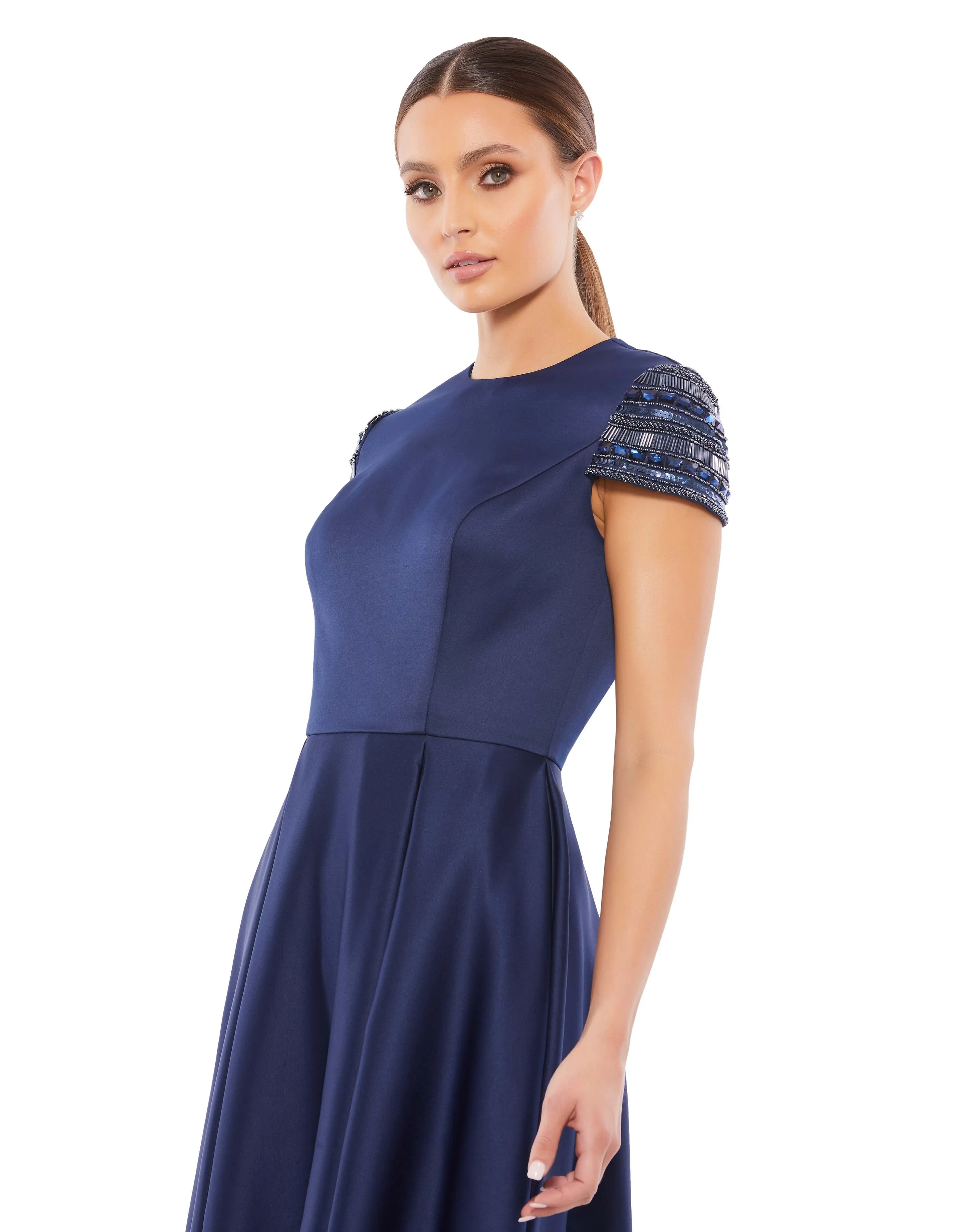 Navy High Neck Cap Sleeve Tea Length Dress sold by Mac Duggal product image thumbnail 2