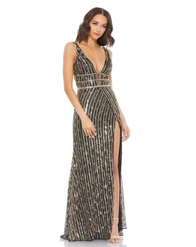 Metallic Embellished Plunge Neck Open Back Gown sold by Mac Duggal